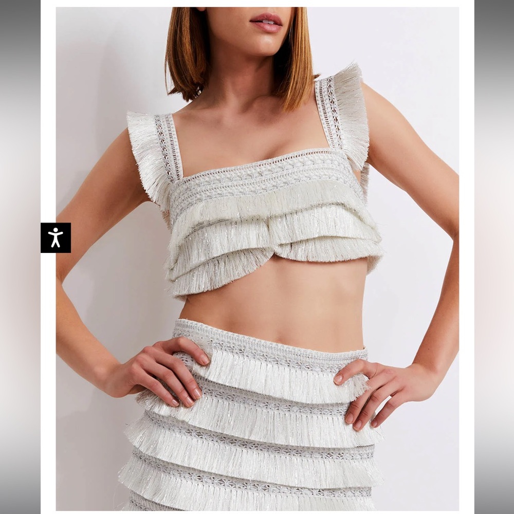 PatBO White Fringe Crop Top & Mini Skirt Set - Picture 4 of 13
